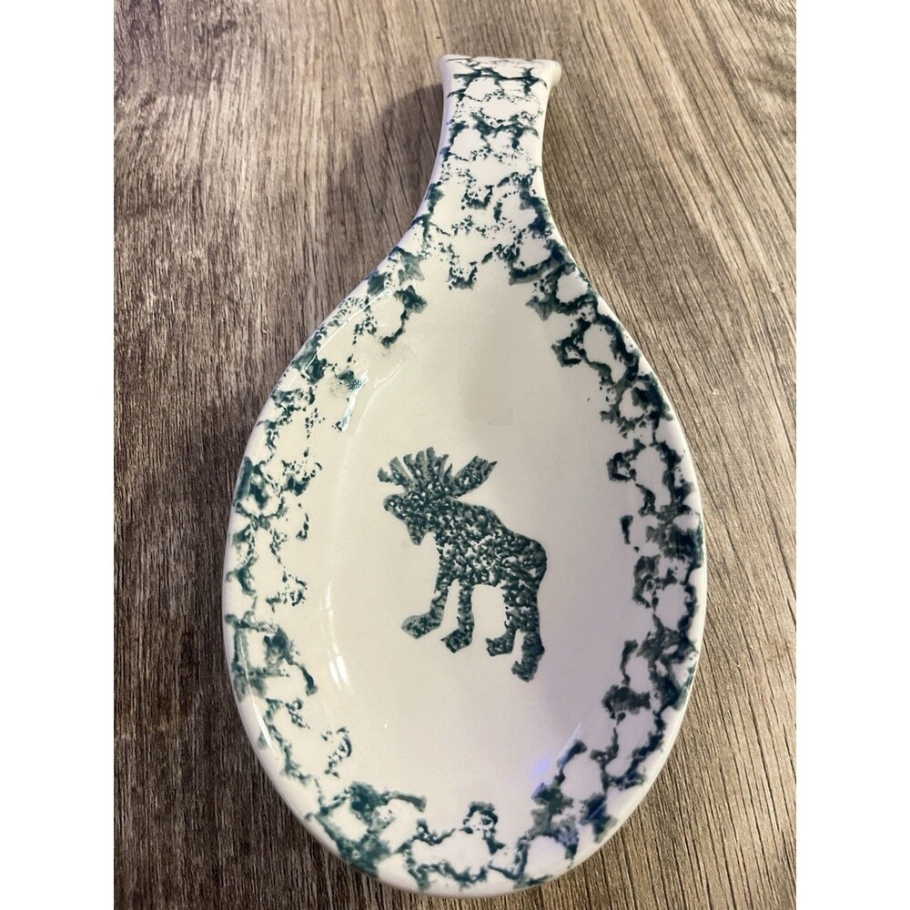 Tienshan Moose Country Spoon Rest Holder Sponged Dark Green Sponge Pattern